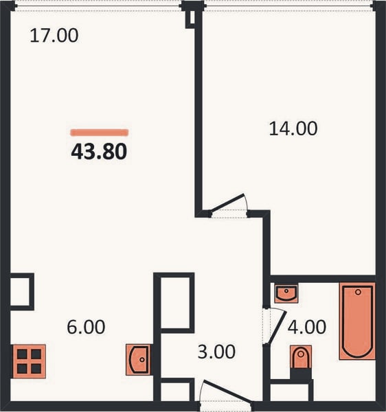 Планировка: 1-к, 43,8 м²