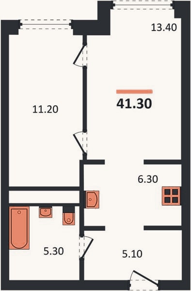 Планировка: 1-к, 41,3 м²
