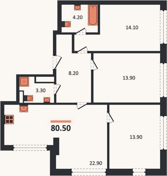 Планировка: 3-к, 80,5 м²