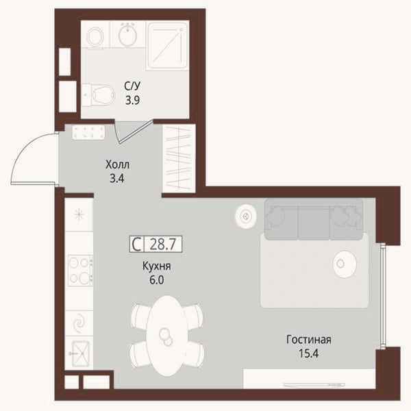 Планировка: Студия, 28,7 м²