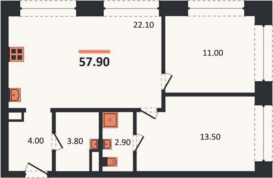 Планировка: 2-к, 57,9 м²