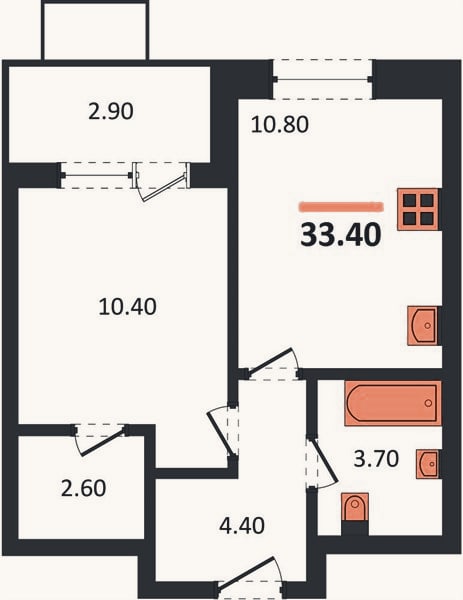Планировка: 1-к, 33,4 м²