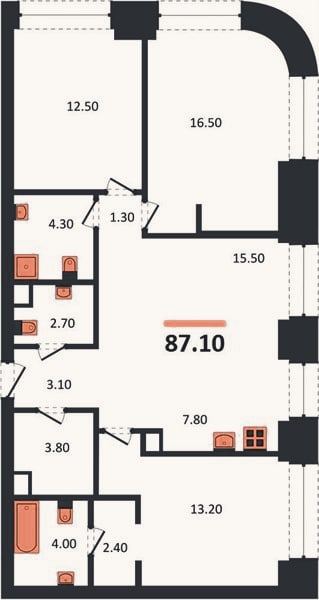 Планировка: 3-к, 87,1 м²