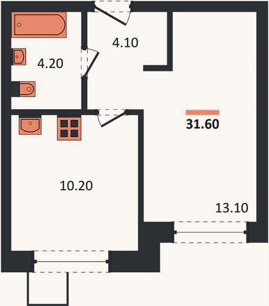 Планировка: 1-к, 31,6 м²
