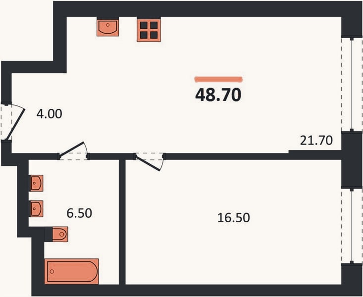 Планировка: 1-к, 48,7 м²