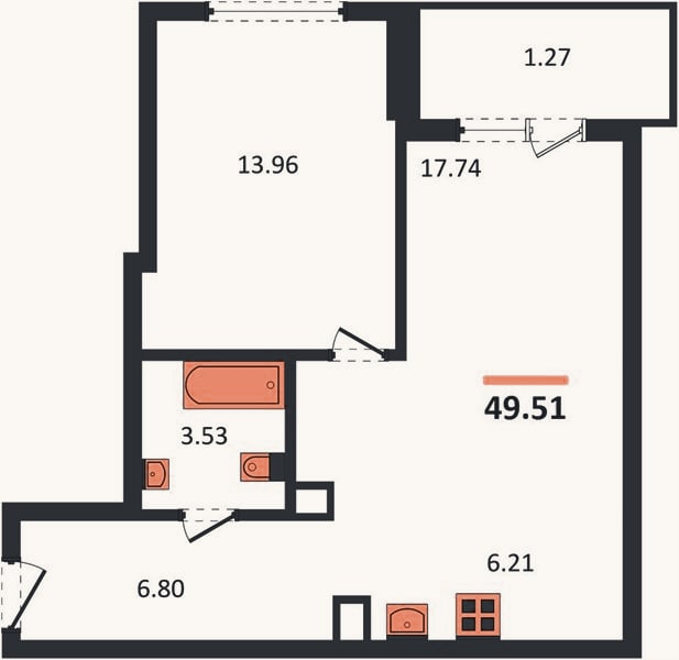 Планировка: 1-к, 49,5 м²