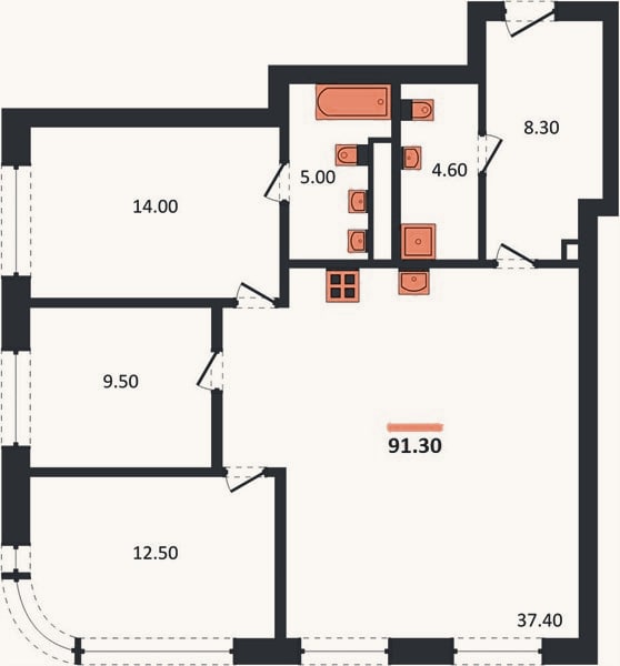 Планировка: 3-к, 91,3 м²
