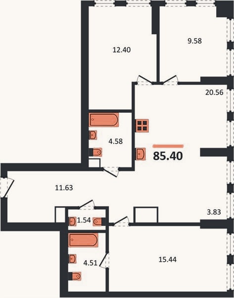 Планировка: 3-к, 85,4 м²