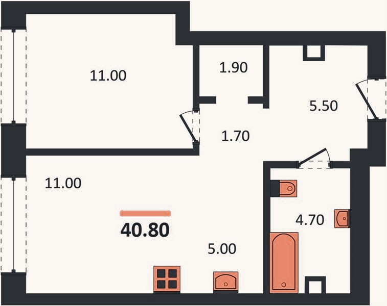 Планировка: 1-к, 41,2 м²