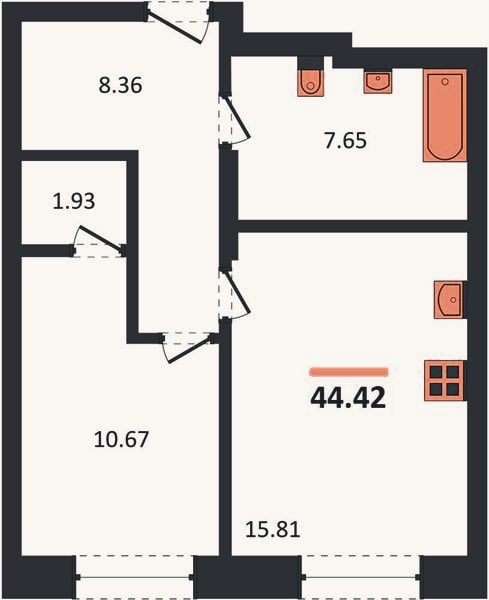 Планировка: 1-к, 44,4 м²