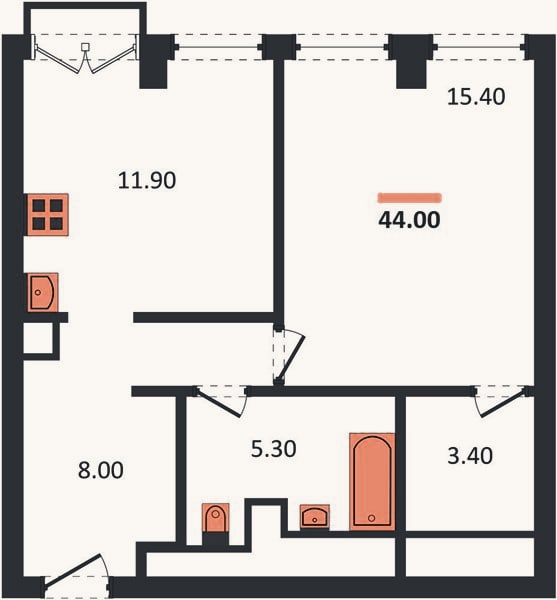 Планировка: 1-к, 44 м²