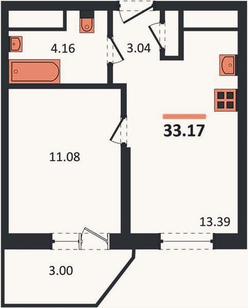 Планировка: 1-к, 33,2 м²