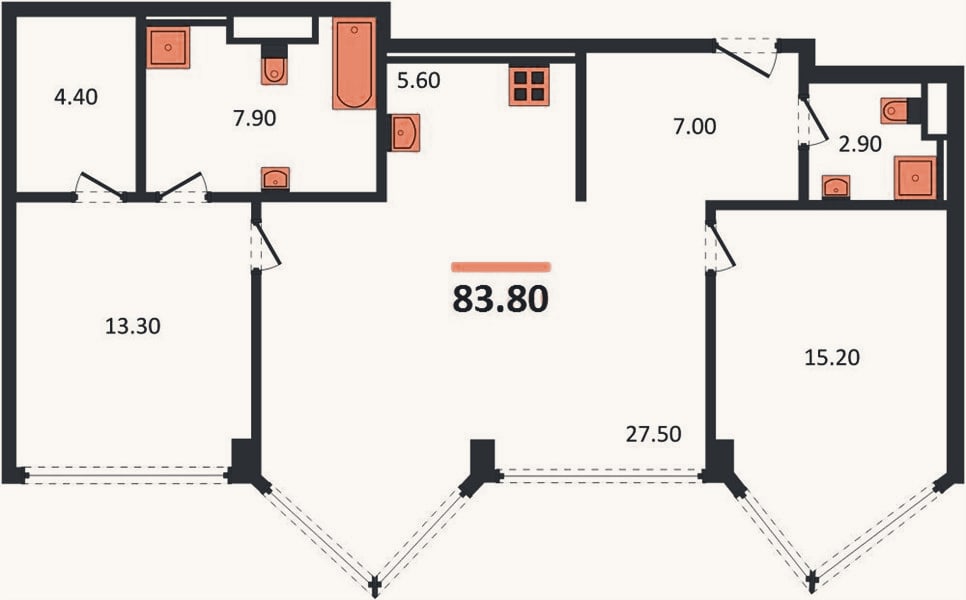 Планировка: 2-к, 83,8 м²