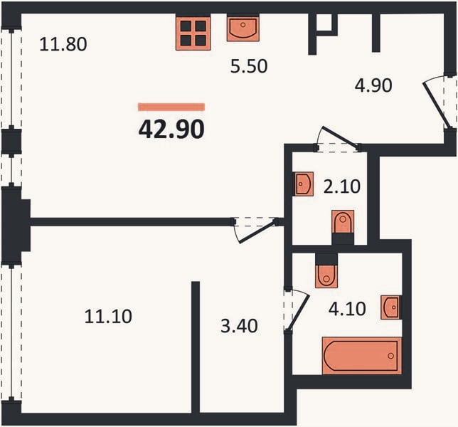Планировка: 1-к, 42,9 м²