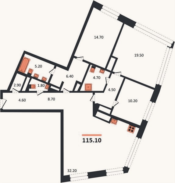 Планировка: 3-к, 115,1 м²