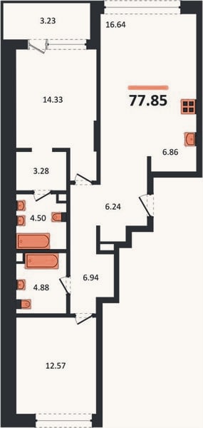 Планировка: 2-к, 77,9 м²