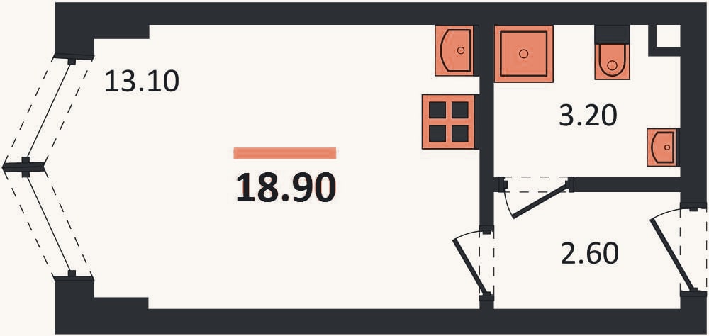 Планировка: Студия, 18,9 м²