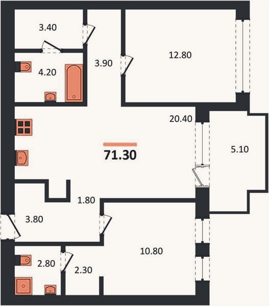 Планировка: 2-к, 71,3 м²