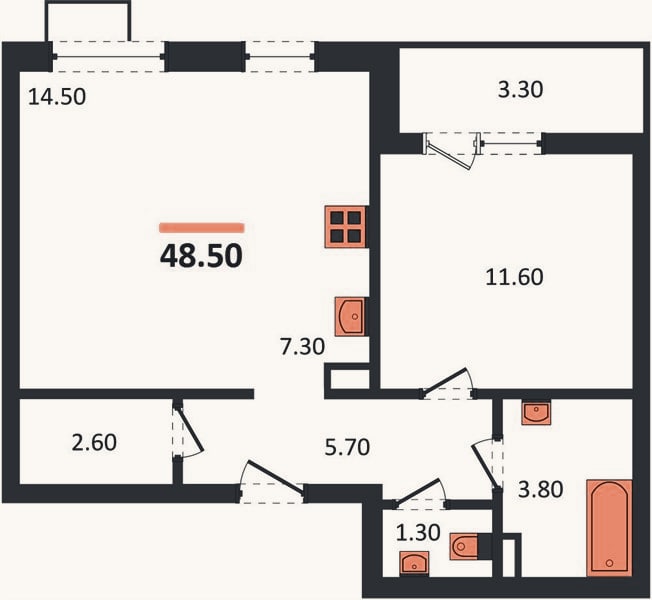 Планировка: 1-к, 48,5 м²