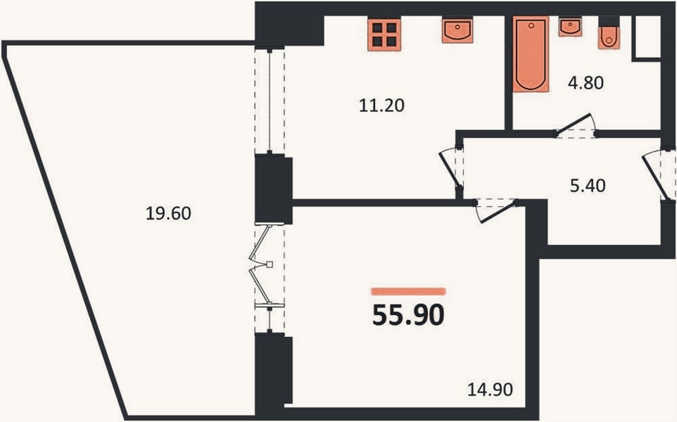 Планировка: 1-к, 55,9 м²