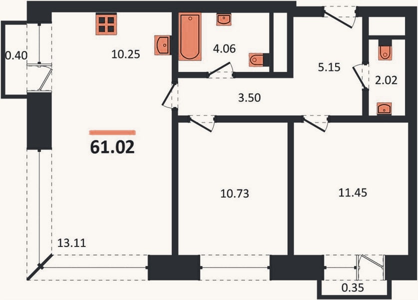 Планировка: 2-к, 61 м²