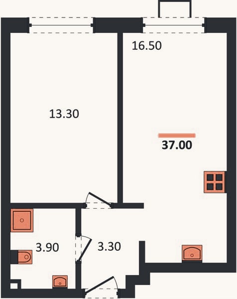 Планировка: 1-к, 36 м²