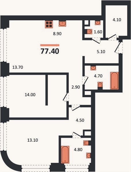 Планировка: 2-к, 77,4 м²