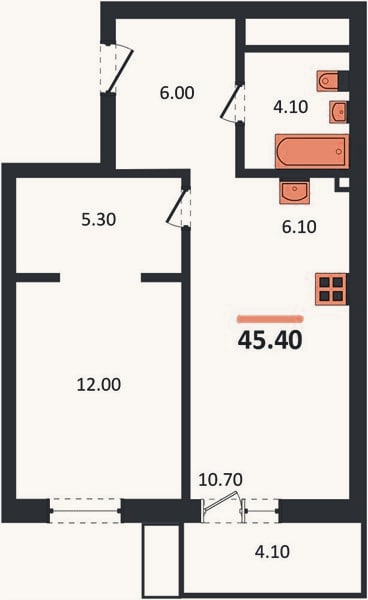 Планировка: 1-к, 45,4 м²