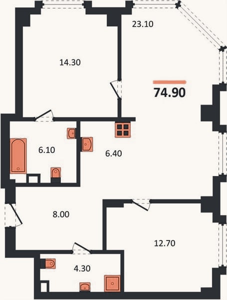 Планировка: 2-к, 74,9 м²