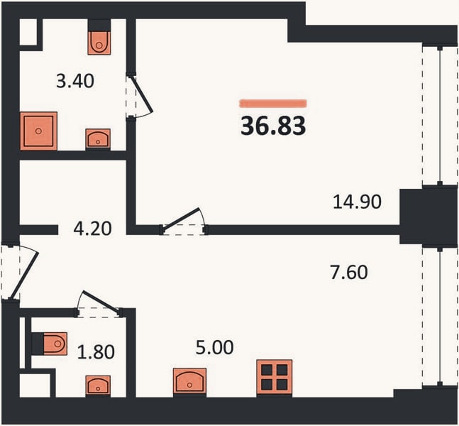 Планировка: 1-к, 36,8 м²