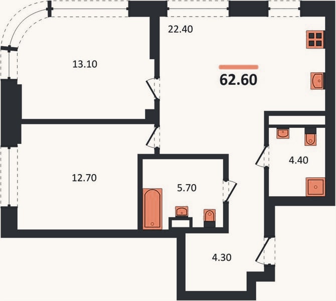 Планировка: 2-к, 62,6 м²