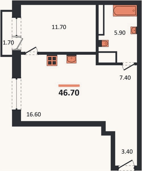 Планировка: 1-к, 46,7 м²