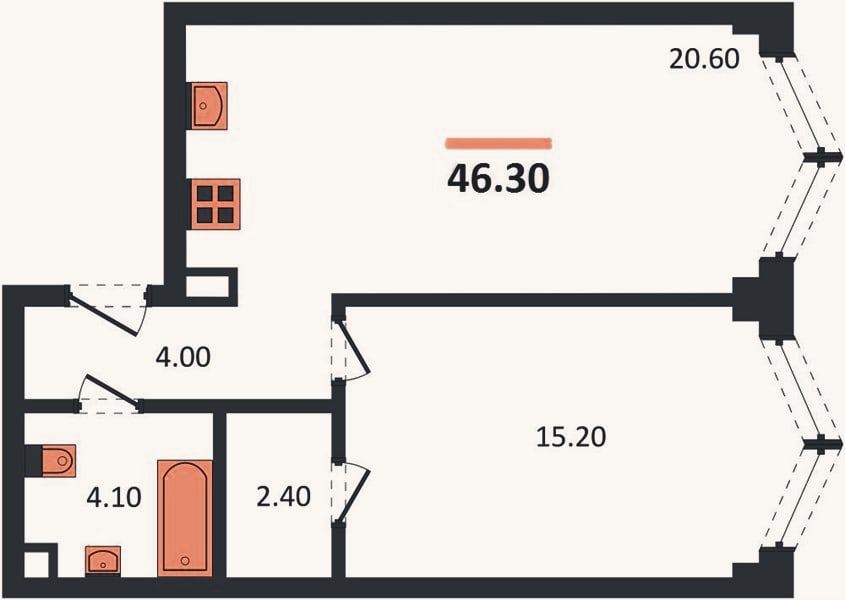 Планировка: 1-к, 46,3 м²