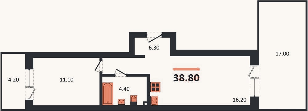 Планировка: 1-к, 38,8 м²