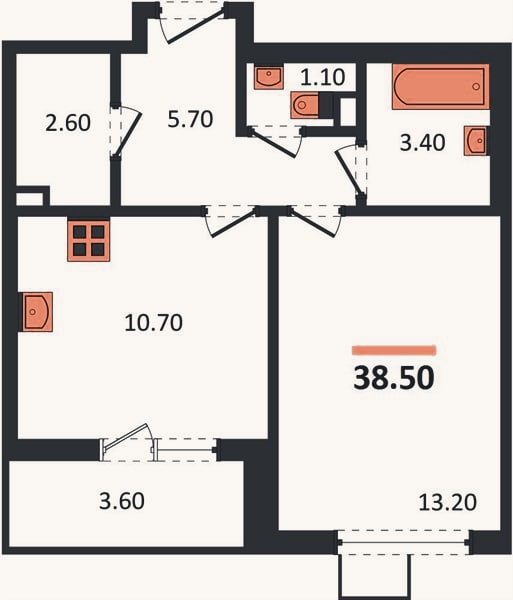 Планировка: 1-к, 38,5 м²