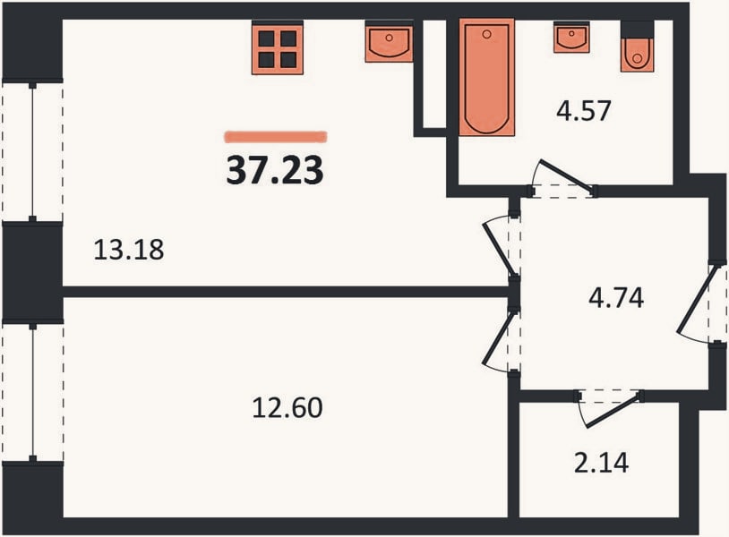 Планировка: 1-к, 37,2 м²
