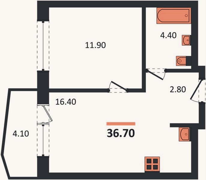 Планировка: 1-к, 36,7 м²