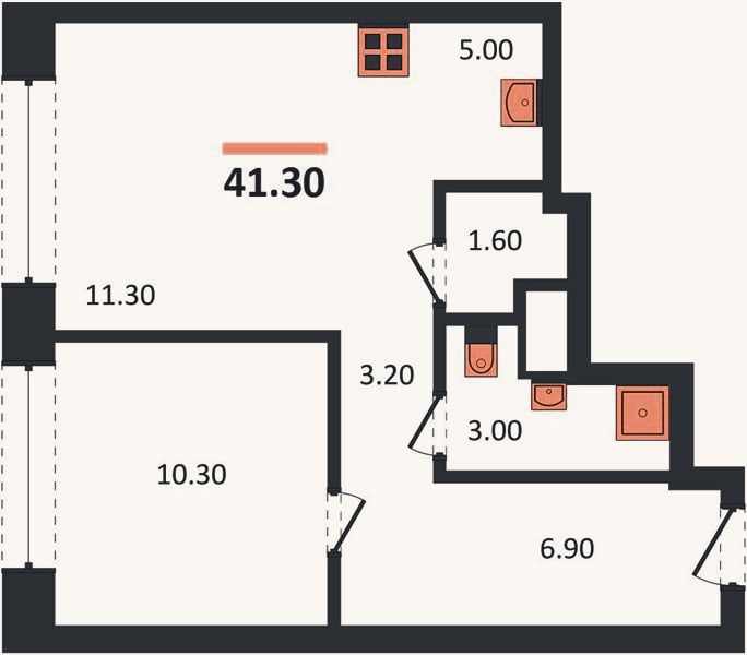 Планировка: 1-к, 41,8 м²