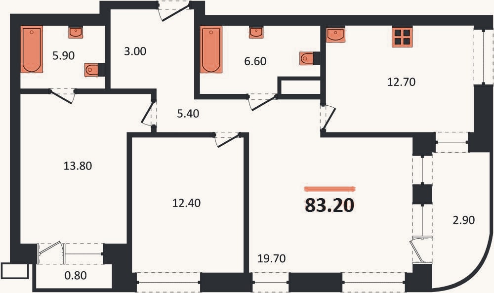 Планировка: 3-к, 83,2 м²