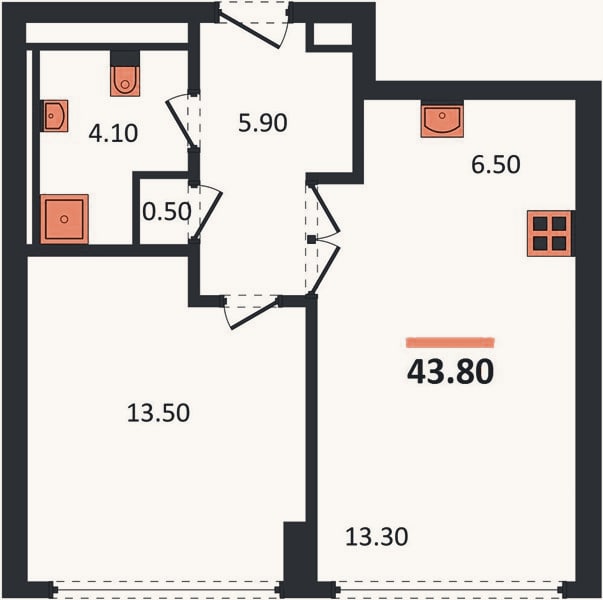 Планировка: 1-к, 43,8 м²