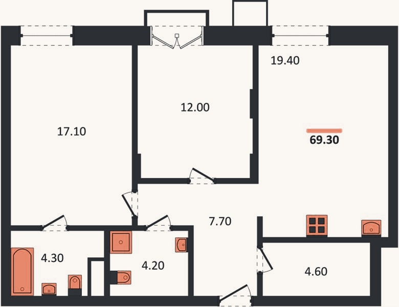 Планировка: 2-к, 69,3 м²