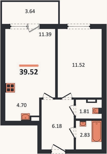 Планировка: 1-к, 38,4 м²