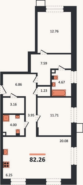 Планировка: 2-к, 82,3 м²