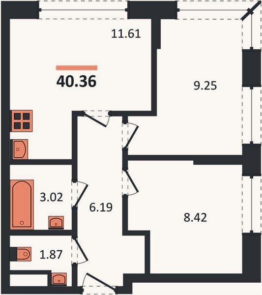 Планировка: 2-к, 40,4 м²