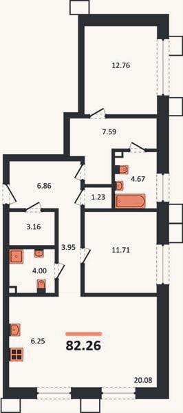 Планировка: 2-к, 82,3 м²