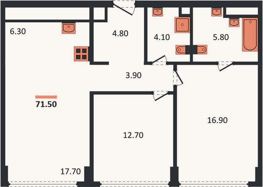 Планировка: 2-к, 71,5 м²