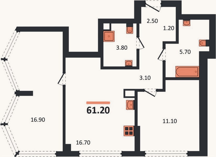 Планировка: 2-к, 61,2 м²