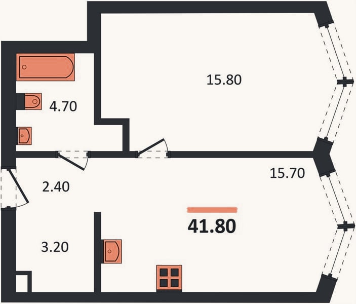 Планировка: 1-к, 41,8 м²