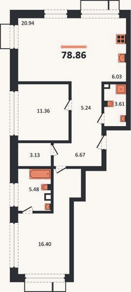Планировка: 2-к, 78,9 м²