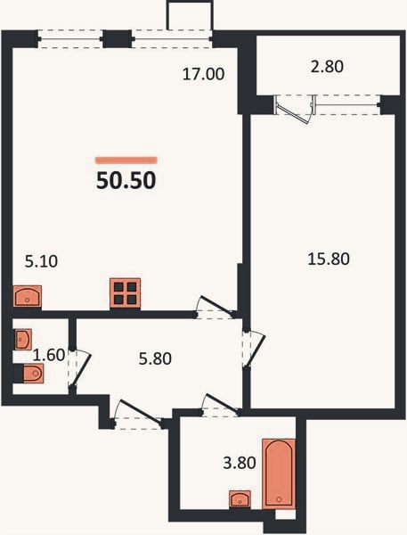 Планировка: 1-к, 50,5 м²